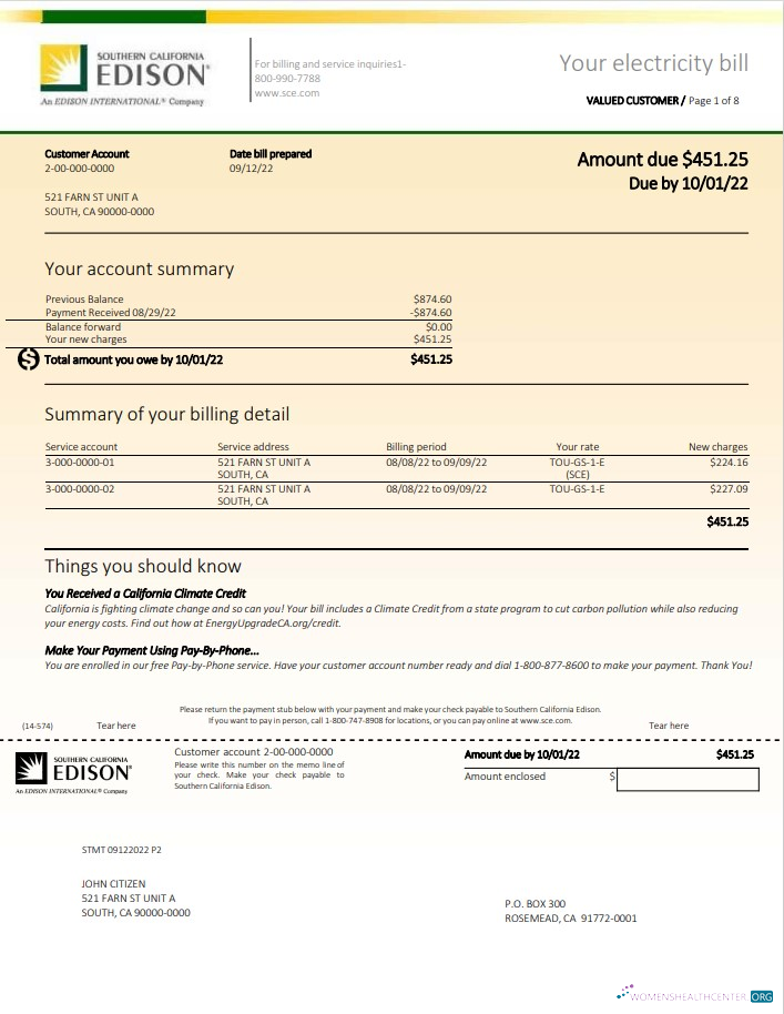 download USA Southern California Edison utility bill template in Word and PDF format PDF template